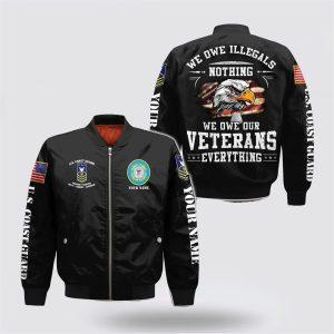 Veteran Bomber Jacket, Personalized Name US Coast Guard Military We Owe Our Veterans Everything Baseball Jacket