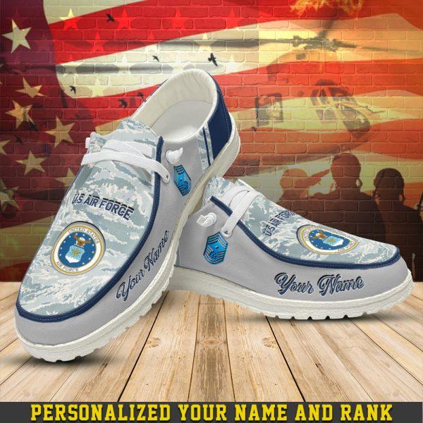 Veteran Canvas Loafer Shoes, Personalized Air Force Camouflage H-D Shoes With Your Name And Rank, Canvas Loafer Shoes