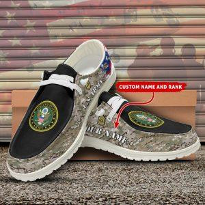 Veteran Canvas Loafer Shoes, Personalized US Army H-D Shoes With Your Name And Rank, Army Camouflage Shoes, Canvas Loafer Shoes