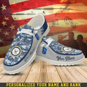 Veteran Canvas Loafer Shoes, Personalized US Navy Camouflage H-D Shoes With Name And Rank, Canvas Loafer Shoes