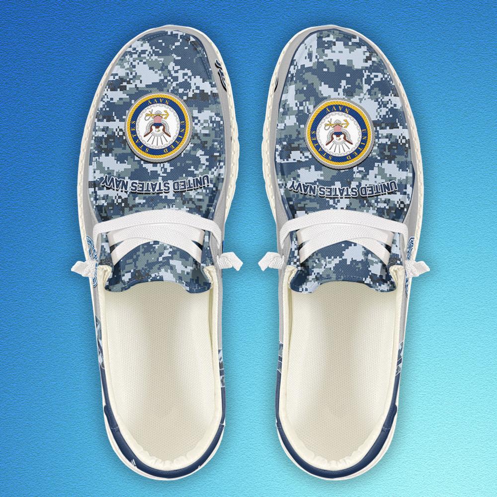 Veteran Canvas Loafer Shoes, Personalized US Navy Camouflage H-D Shoes With Name And Rank, Canvas Loafer Shoes