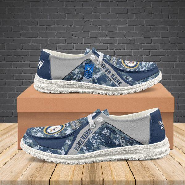 Veteran Canvas Loafer Shoes, Personalized US Navy Camouflage H-D Shoes With Your Name And Rank, Canvas Loafer Shoes