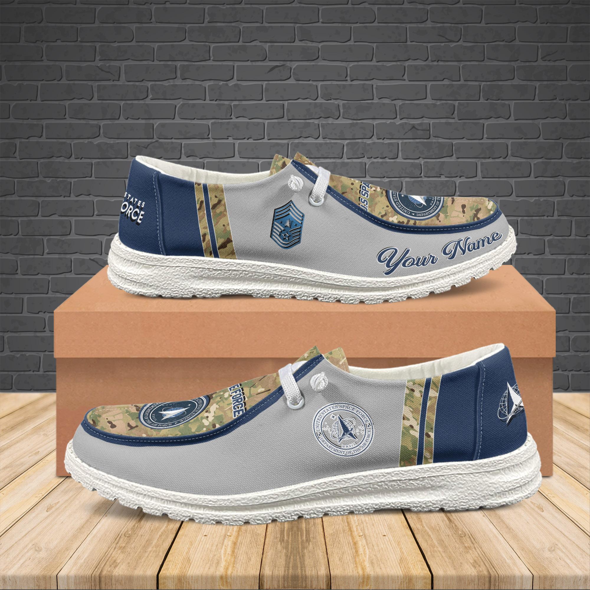 Veteran Canvas Loafer Shoes, Personalized US Space Force Camouflage H-D Shoes With Name And Rank, Canvas Loafer Shoes