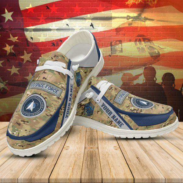 Veteran Canvas Loafer Shoes, Personalized US Space Force Camouflage H-D Shoes With Your Name And Rank, Canvas Loafer Shoes