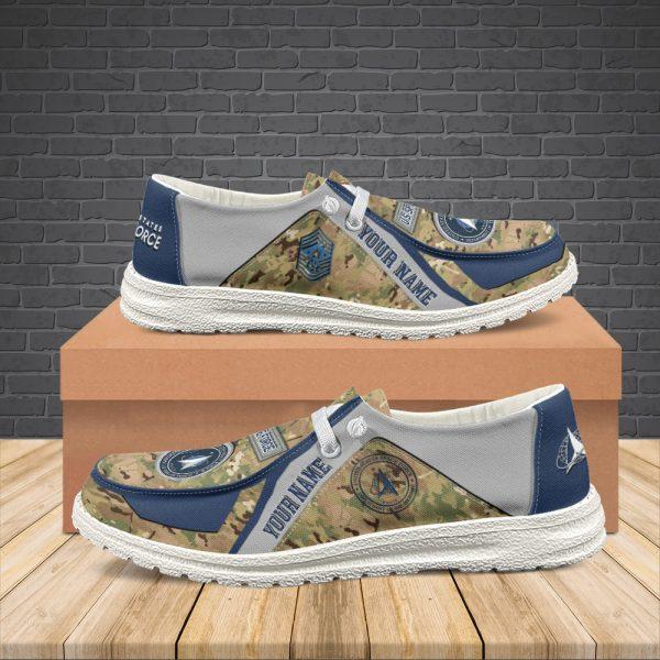 Veteran Canvas Loafer Shoes, Personalized US Space Force Camouflage H-D Shoes With Your Name And Rank, Canvas Loafer Shoes