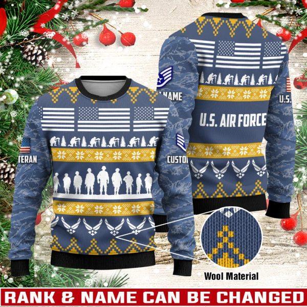 Veterans Sweater, Personalized US Air Force Veteran Christmas Knitted Sweater With Your Military Rank, Military Sweater, Military Sweater Men’s