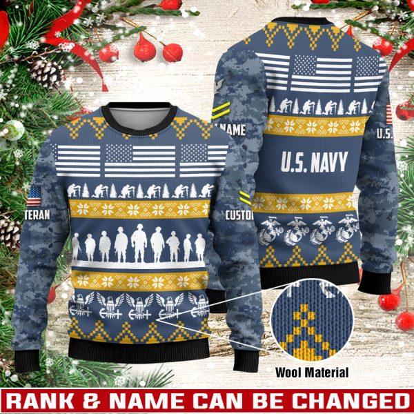 Veterans Sweater, Personalized US Navy Veteran Christmas Knitted Sweater With Your Military Rank, Military Sweater, Military Sweater Men’s