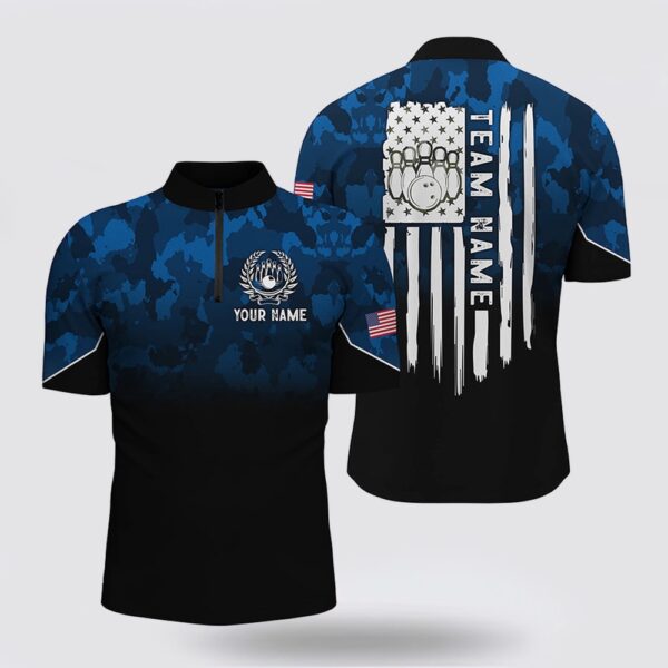 Bowling Jersey, Black Blue Camo Men Bowling Bowling Jersey Shirts Custom American Flag Patriotic Bowling Team Jerseys