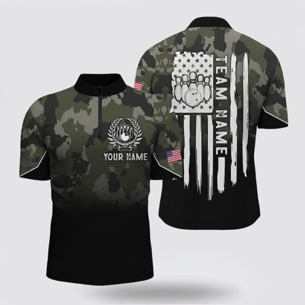 Bowling Jersey, Black Green Camo Men Bowling Bowling Jersey Shirts Custom American Flag Patriotic Bowling Team Jerseys