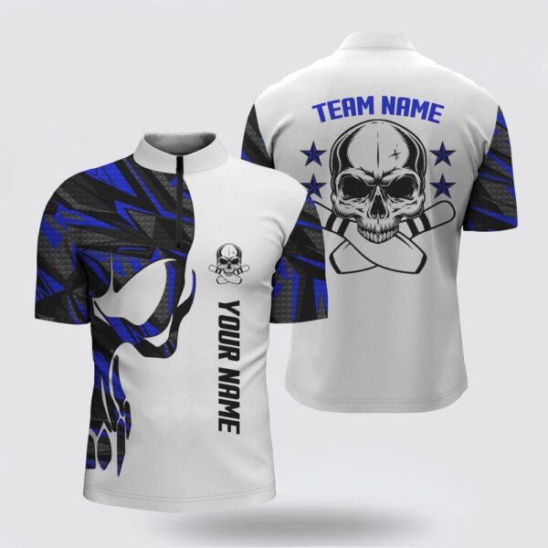 Bowling Jersey, Blue And White Bowling Bowling Jersey Shirts For Men Custom Name Skull Bowling, Team Bowling Shirts