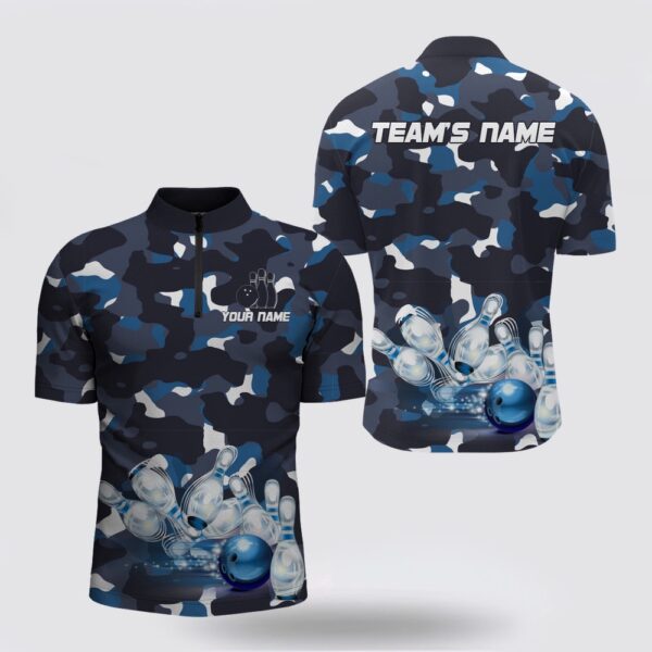 Bowling Jersey, Blue Camo Bowling Men Bowling Jersey Shirt, Custom Team Name Short Sleeve Men Bowling Jers