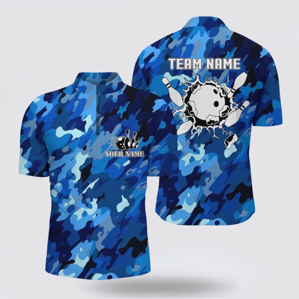 Bowling Jersey, Bowling Bowling Jersey Shirts For Men Custom Bowling Ball And Pins Blue Camo Bowling Team Jersey