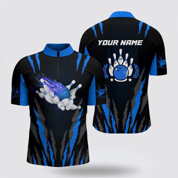 Bowling Jersey, Bowling Bowling Jersey Shirts For Men Custom Name Flame Bowling Ball And Pins Bowling Jerseys  Blue