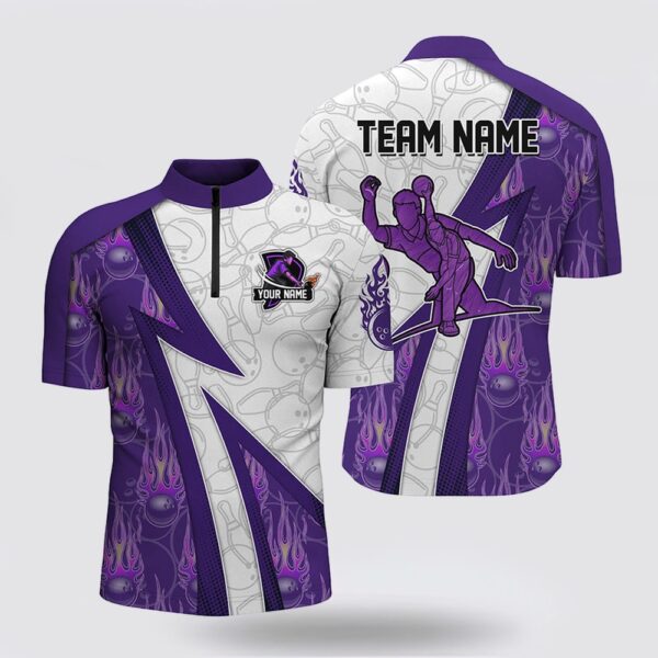 Bowling Jersey, Custom Bowling Bowling Jersey Shirt For Men Purple Flame Camo Bowling Jersey 14 Zip Bowling Team Shirt