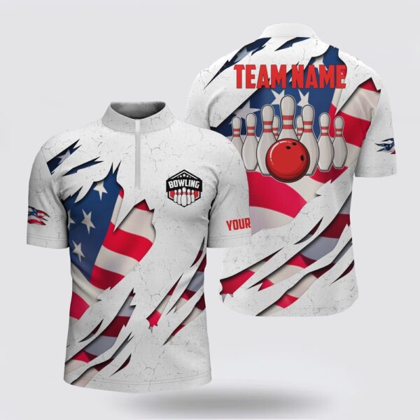 Bowling Jersey, Custom Bowling Shirts For Men American Flag Patriotic Bowling Ball & Pins Men Bowling Jersey Shirt