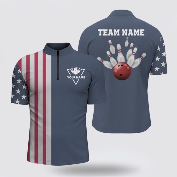 Bowling Jersey, Custom Vintage Bowling Bowling Jersey Shirts For Men American Flag Patriotic Bowling Team Jerseys Blue