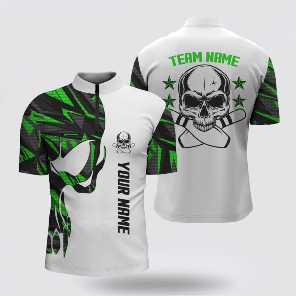 Bowling Jersey, Green And White Bowling Bowling Jersey Shirts For Men Custom Name Skull Bowling, Men Bowling Team Shirts