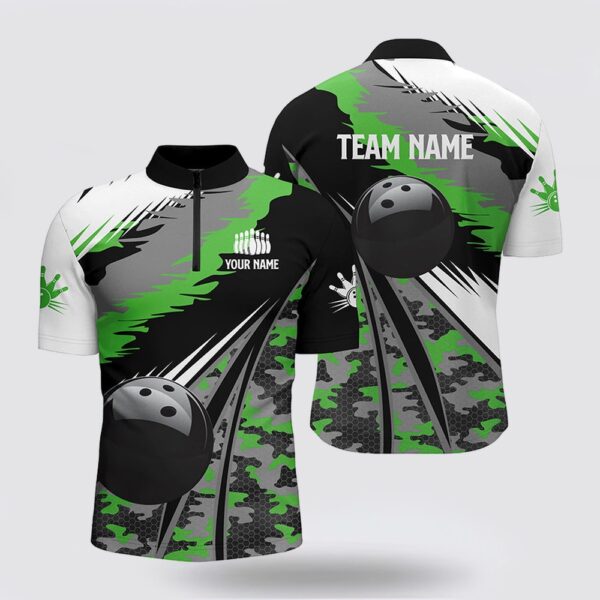 Bowling Jersey, Men Bowling Bowling Jersey Shirts Custom Black Ball Green Camo Bowling Team Jersey, Gift For Bowlers