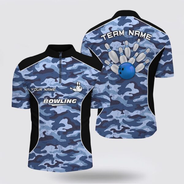 Bowling Jersey, Men Bowling Bowling Jersey Shirts Custom Bowling Ball And Pins Blue Camo Bowling Team Jersey For Men