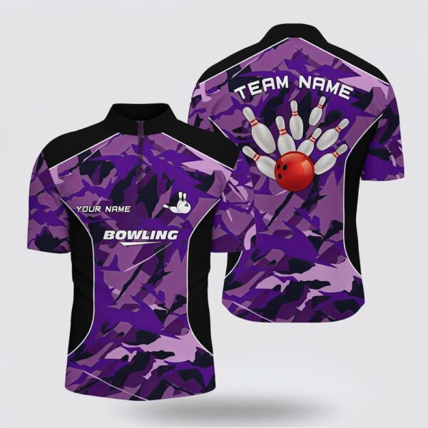 Bowling Jersey, Men Bowling Bowling Jersey Shirts Custom Bowling Ball And Pins Purple Camo Bowling Team Jersey For Men