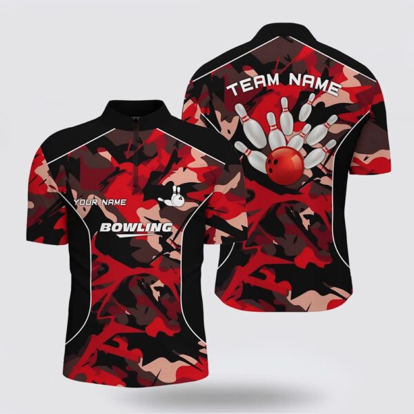 Bowling Jersey, Men Bowling Bowling Jersey Shirts Custom Bowling Ball And Pins Red Camo Bowling Team Jersey For Men