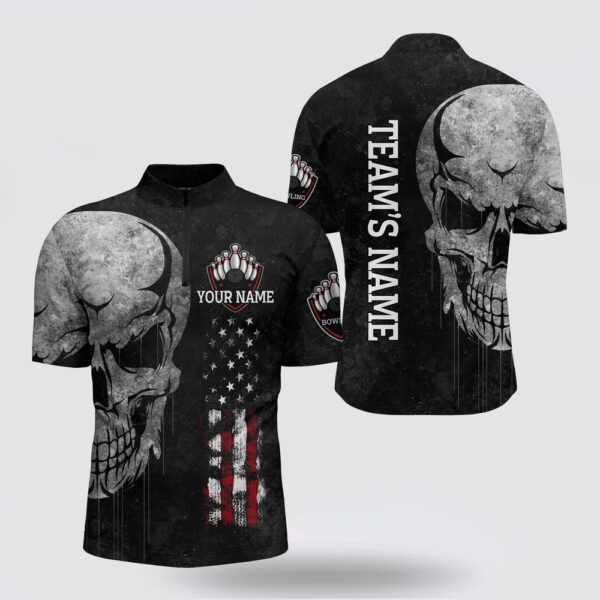 Bowling Jersey, Men Skull Bowling Shirt Bowling Jersey, Patriotic Custom Name Men Bowlers Jersey American Fl