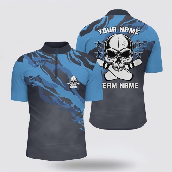 Bowling Jersey, Personalized Blue Camo Skull Bowling Bowling Jersey Shirt For Men Custom Team Name Men Bowler Jersey