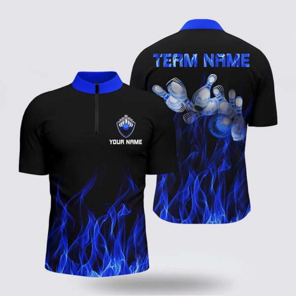 Bowling Jersey, Personalized Men Bowling Jersey Bowling Shirt Blue Flame Bowling Ball And Pins Bowling Jerseys For Bowler