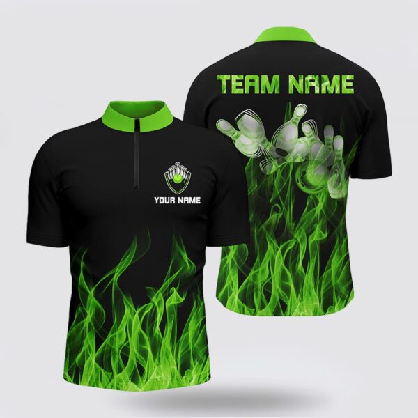 Bowling Jersey, Personalized Men Bowling Jersey Bowling Shirt Green Flame Bowling Ball & Pins Bowling Jerseys For Bowler