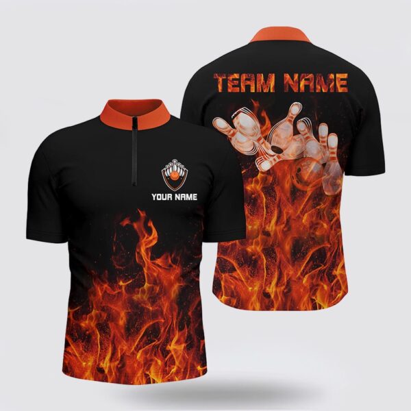 Bowling Jersey, Personalized Men Bowling Jersey Bowling Shirt Orange Flame Bowling Ball & Pins Bowling Jerseys For Bowler