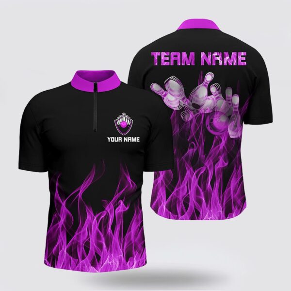 Bowling Jersey, Personalized Men Bowling Jersey Bowling Shirt Purple Flame Bowling Ball & Pins Bowling Jerseys For Bowler