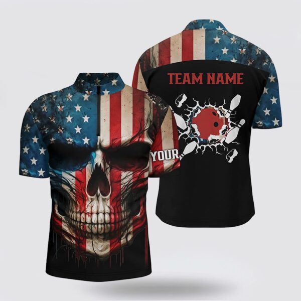 Bowling Jersey, Personalized Skull Bowling Shirt For Men Custom Team Name American Flag Bowler Jersey Bowling Jersey