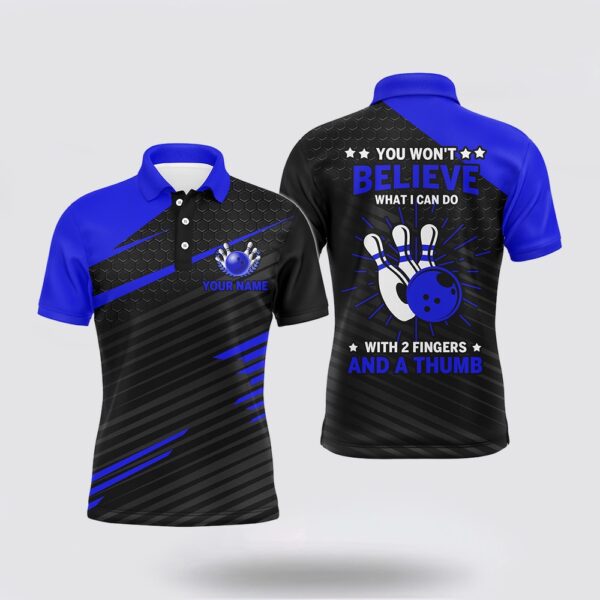 Bowling Polo Shirt, Funny Bowling Polo Shirt Blue & Black Custom Bowling Jersey, 2 Fingers And A Thumb