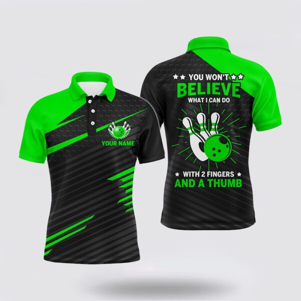 Bowling Polo Shirt, Funny Bowling Polo Shirt Green & Black Custom Bowling Jersey, 2 Fingers And A Thumb