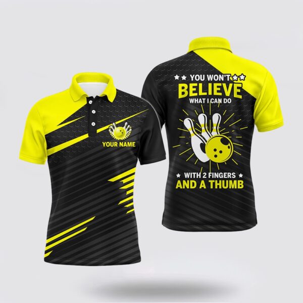 Bowling Polo Shirt, Funny Bowling Polo Shirt Yellow & Black Custom Bowling Jersey, 2 Fingers And A Thumb