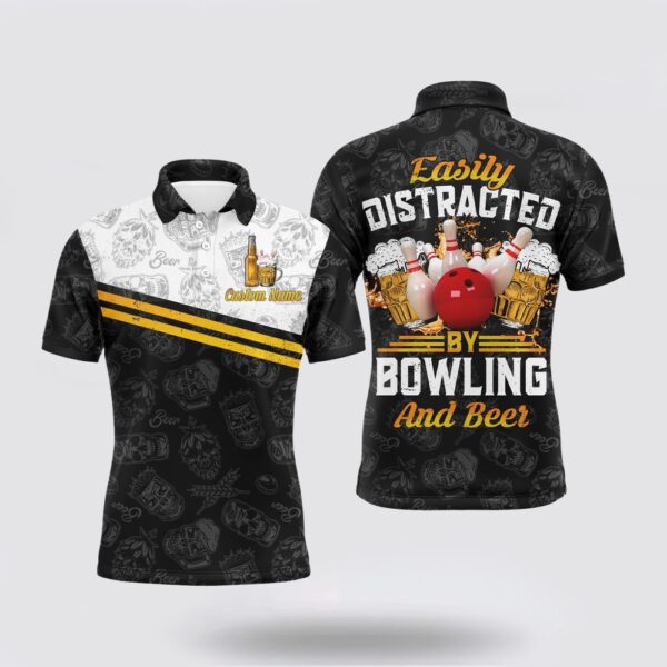 Bowling Polo Shirt, Funny Bowling Shirt Easily Distracted By Bowling And Beer Custom Bowling Polo Jersey