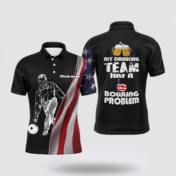 Bowling Polo Shirt, Funny Men Bowling Polo Shirt, Personalized Team Bowlers Jersey American Flag Beer Lover