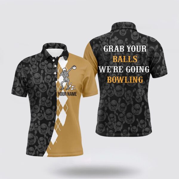 Bowling Polo Shirt, Grab Your Balls Funny Men Bowling Polo Shirt Personalized Skull Bowlers Jersey Short Sleev