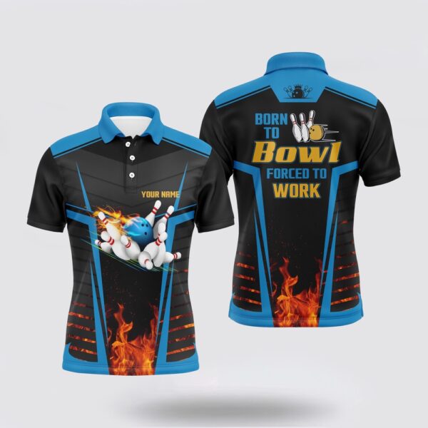 Bowling Polo Shirt, Mens Bowling Polo Shirts Custom Name Born To Bowl Forced To Work, Flame Bowlers Jersey  Blue