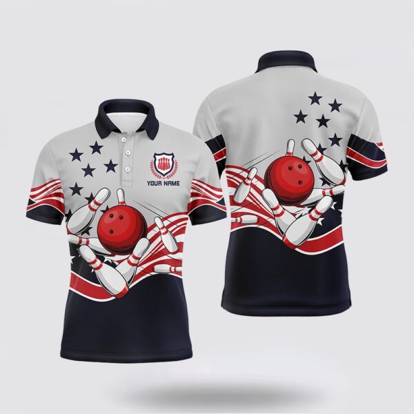 Bowling Polo Shirt, Mens Polo Bowling Shirts Custom American Flag Patriotic Vintage Bowling Team Jerseys