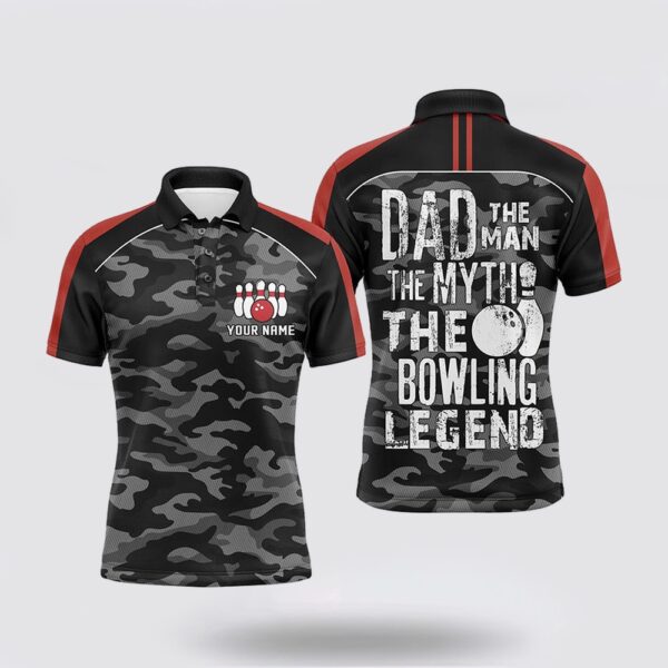 Bowling Polo Shirt, Mens Polo Bowling Shirts Custom Black Camo Bowling Team Jersey Dad The Man The Myth Bowling Legend