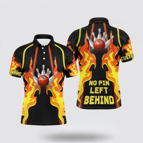 Bowling Polo Shirt, No Pin Left Behind Personalized Men Bowling Polo Shirt, Cool Flame Bowler Jersey