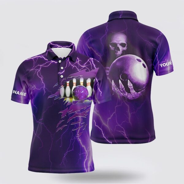 Bowling Polo Shirt, Personalized Bowling Polo Shirt Purple Lightning Thunder Custom Team Skull Bowling Jerseys