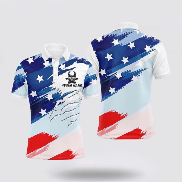 Bowling Polo Shirt, Personalized Men Bowling Polo Shirt, American Flag Skull Bowler Jersey Short Sleeve