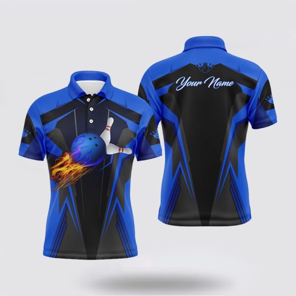 Bowling Polo Shirt, Personalized Men Bowling Polo Shirt Flame Bowling Ball And Pins, Bowling Polo Bowlers Blue