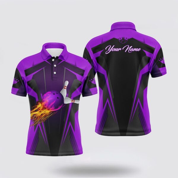 Bowling Polo Shirt, Personalized Mens Polo Shirt Flame Bowling Ball Pins, Bowling Jerseys For Bowlers  Purple