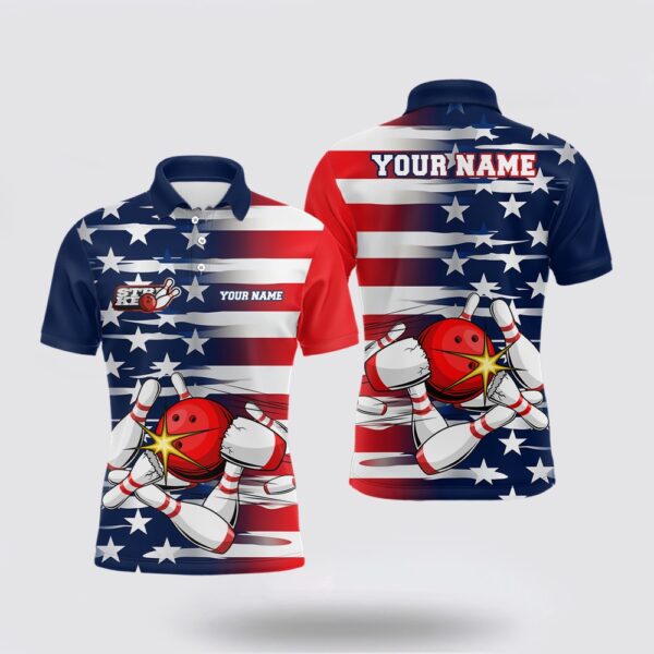 Bowling Polo Shirt, Personalized Us Flag Strike Bowling Polo Team Shirts, Patriotic Mens Bowling Shirts