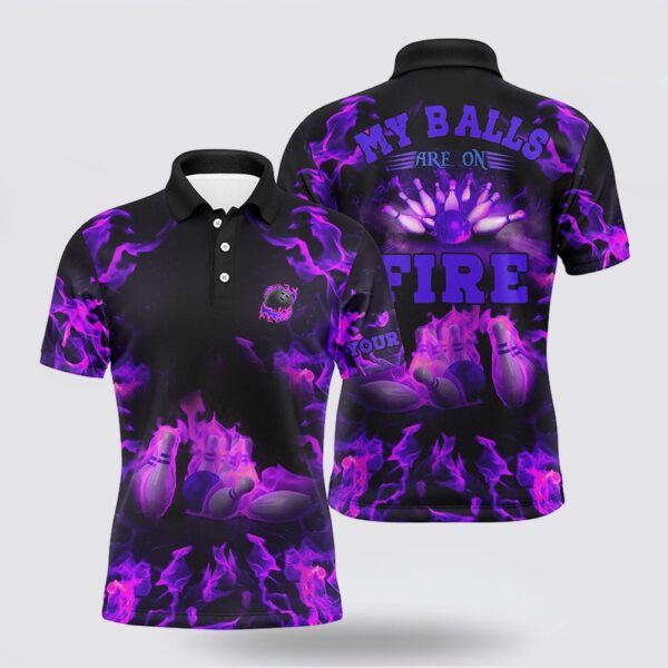 Bowling Polo Shirt, Purple Flame Bowling Shirt Custom My Balls Are On Fire Bowling Polo Shirts Bowling Jerseys