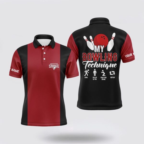 Bowling Polo Shirt, Red Black Vintage Mens Polo Bowling Shirts Custom My Bowling Technique Strike Bowling Team Jersey