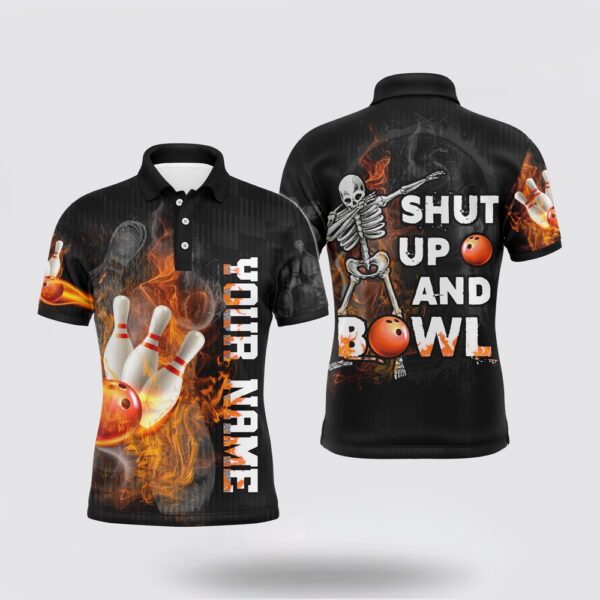 Bowling Polo Shirt, Shut Up And Bowl Funny Bowling Polo Shirt Men Personalized Flame Skull Bowler Jerse